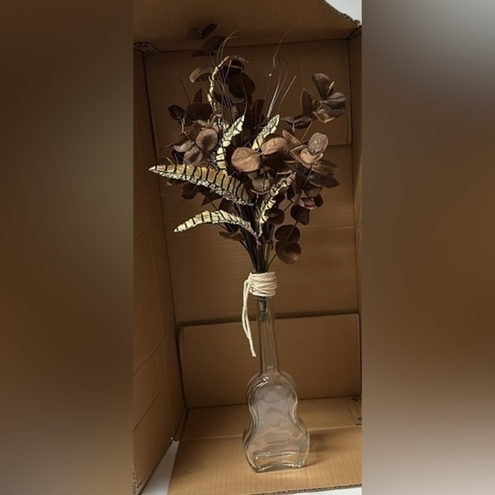 One of a kinda guitar base hand made‎ faux flowers with faux feathers brown